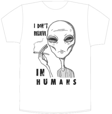 Футболка «I DON’T BELIEVE IN HUMANS» с графикой пришельца - Своя футболка белая A5 (15 x 20 см)