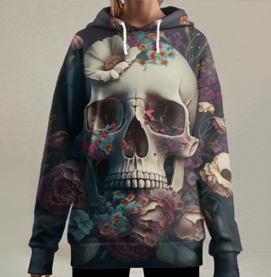 Череп с нежными цветами в реалистичной живописной композиции, Hoodie Long Oversize 3D