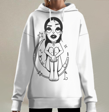 Готическая девушка на луне с мистическими звёздами в ночном небе, Hoodie Long Oversize 3D