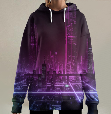 Цифровой неоновый город в стиле киберпанк ночью яркие огни, Hoodie Long Oversize 3D