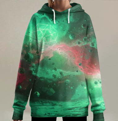 Зелёный космический светящийся многогранник среди хаоса вселенной, Hoodie Long Oversize 3D