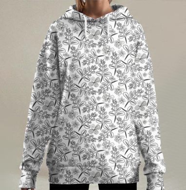Черно белый растительный узор с листьями ягодами, Hoodie Long Oversize 3D