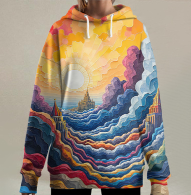 Красочный фантастический пейзаж с замками, Hoodie Long Oversize 3D