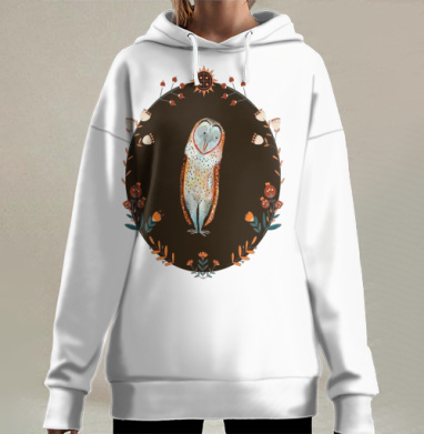 Сова мудрость цветы коричневый оранжевый голубой, Hoodie Long Oversize 3D