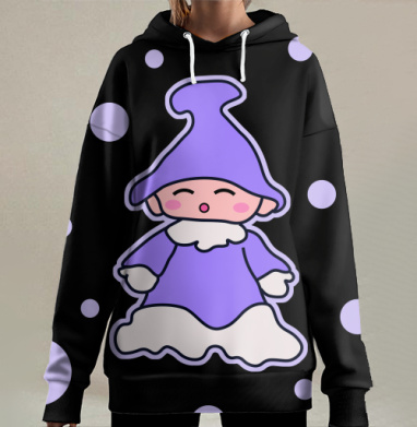 Милый малыш в сиреневой шапке зимой на чёрном фоне, Hoodie Long Oversize 3D