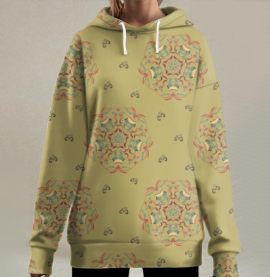 Птицы и растительный орнамент на оливковом фоне красном бежевом, Hoodie Long Oversize 3D