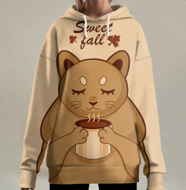 Медведь с чашкой тепла и осенней нежности Sweet fall, Hoodie Long Oversize 3D