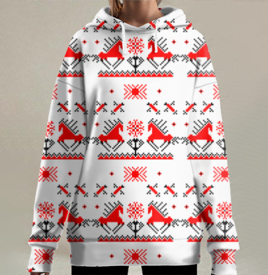 Народные лошади красные черные узоры, Hoodie Long Oversize 3D