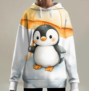 Пингвинёнок под зонтиком на облаке, Hoodie Long Oversize 3D