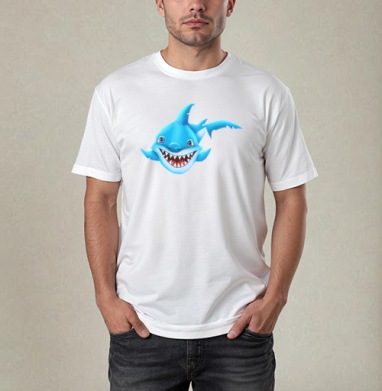 Жизнерадостный морской хищник мультяшная синяя акула Smiling Blue Shark, Футболка / Мужчинам / Pure / Белая / C принтом