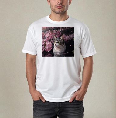Cat in sakura – Полосатый кот среди розовых лепестков Кот сакура вишня, Футболка / Мужчинам / Pure / Белая / C принтом