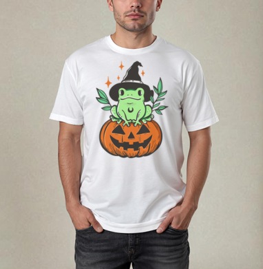 Witch Frog Pumpkin / Ведьма Лягушка Магия Хэллоуина Октябрь, Футболка / Мужчинам / Pure / Белая / C принтом
