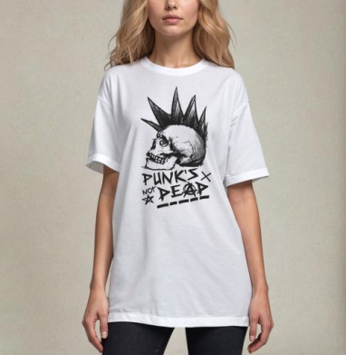 Череп с ирокезом PUNKS NOT DEAD – панк-графика, Футболка / Унисекс / Оверсайз / Белая / C принтом