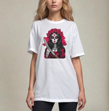 Мстительная невеста Santa Muerte с ножом, Футболка / Унисекс / Оверсайз / Белая / C принтом