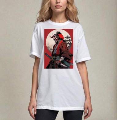 Warrior Demon in Traditional Kimono / Воин демон самурай в маске, Футболка / Унисекс / Оверсайз / Белая / C принтом