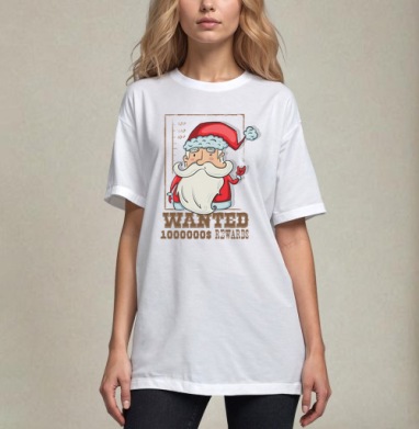 Santa wanted, Футболка / Унисекс / Оверсайз / Белая / C принтом