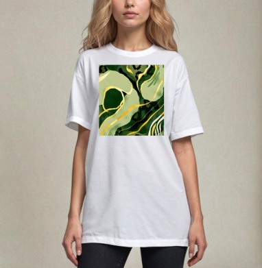 Золотые изгибы на зеленом анималистичном фоне / Golden curves on green animal background, Футболка / Унисекс / Оверсайз / Белая / C принтом