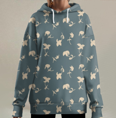 Нежный растительный узор на серо-синем фоне узор, Hoodie Long Oversize 3D