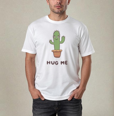 Зелёный улыбающийся кактус просит обниматься Hug Me, Футболка / Мужчинам / Pure / Белая / C принтом