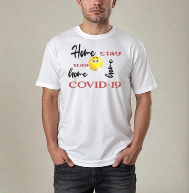 Оставайтесь дома COVID 19 надпись желтый смайлик, Футболка / Мужчинам / Pure / Белая / C принтом