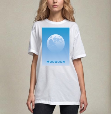 Голубая Луна с Забавной Надписью Mooooon, Футболка / Унисекс / Оверсайз / Белая / C принтом
