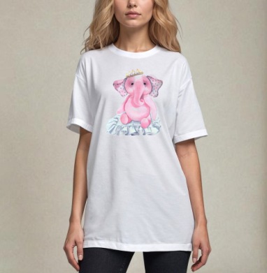 Pink elephant princess / Розовый слон-принцесса, Футболка / Унисекс / Оверсайз / Белая / C принтом