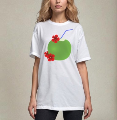 Свежий зеленый кокос с красными цветами и синим соломинкой, Футболка / Унисекс / Оверсайз / Белая / C принтом