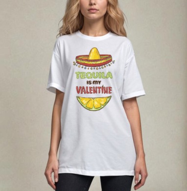 Открытка «Tequila is my Valentine» с юмором, Футболка / Унисекс / Оверсайз / Белая / C принтом