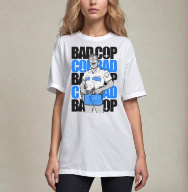 Ироничный принт Bad Cop McLOVIN в стиле комикс-арт, Футболка / Унисекс / Оверсайз / Белая / C принтом