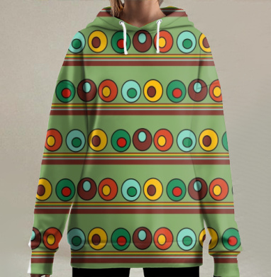 Геометрический узор с кругами и ритмичными полосами в ретро стиле, Hoodie Long Oversize 3D