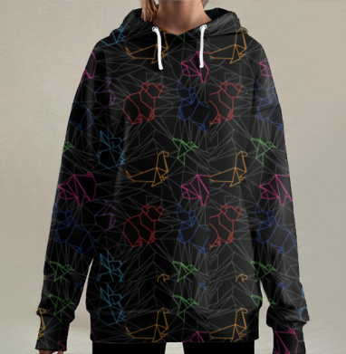 Origami Polygon Animals / Динамичные полигональные животные в неоновой сетке, Hoodie Long Oversize 3D