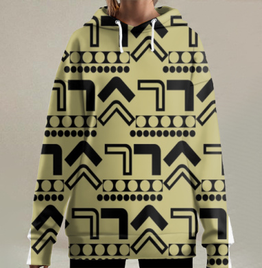Чёрно бежевый геометрический узор с элементами стрелок и точек, Hoodie Long Oversize 3D