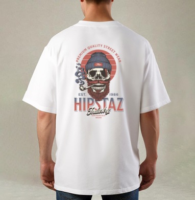 Череп хипстер с трубкой и бородой для одежды street wear, Футболка / Мужская / Оверсайз / С принтом на спине
