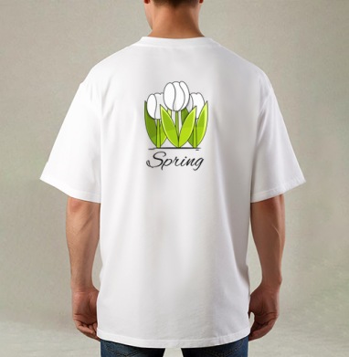 Белые тюльпаны и зелёные листья весна надпись Spring, Футболка / Мужская / Оверсайз / С принтом на спине