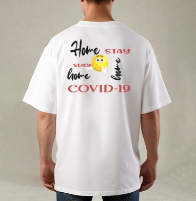 Оставайтесь дома COVID 19 надпись желтый смайлик, Футболка / Мужская / Оверсайз / С принтом на спине