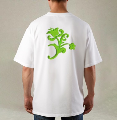 Green 3D flower / Зеленый объемный цветок современном стиле фольклора, Футболка / Мужская / Оверсайз / С принтом на спине