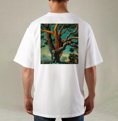Golden tree in turquoise forest / Золотое дерево в бирюзовом лесу, Футболка / Мужская / Оверсайз / С принтом на спине