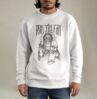 Мистический скелет с скейтбордом ROLL TILL FALL, Свитшот мужской белый