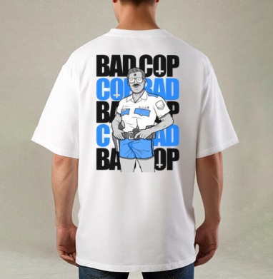 Ироничный принт Bad Cop McLOVIN в стиле комикс-арт, Футболка / Мужская / Оверсайз / С принтом на спине