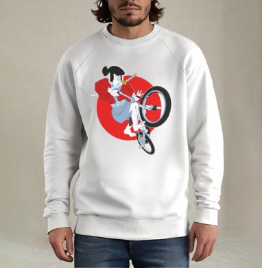 Динамичная векторная иллюстрация самурая на заднем колесе самурай на BMX, Свитшот мужской белый