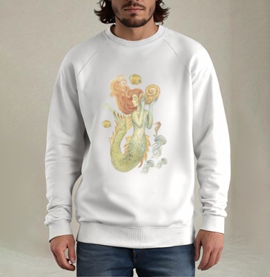 Синяя русалка с медузами парит над волнами под водой, Свитшот мужской белый