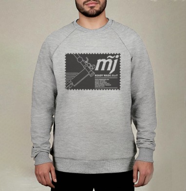 Стилизованный автомат Калашникова с логотипом MJ и надписями READY MADE Stuff, Свитшот мужской меланж начес/петля