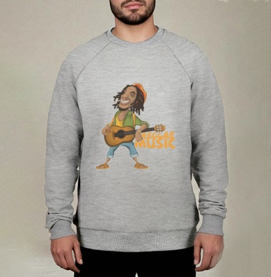Веселый растаман с гитарой в яркой одежде REGGAE MUSIC Регги-музыка, Свитшот мужской меланж начес/петля