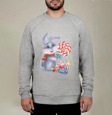 Большой красно белый леденец радостно обнимает пушистый милый серый кролик - nice little animals