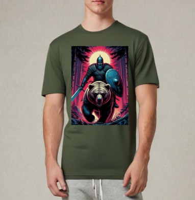 Viking Warrior Bear / Викинг на медведе в стиле ретроволна медведь воин фэнтези, Футболка мужская REGULAR темный хаки