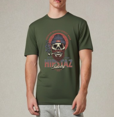 Череп хипстер с трубкой и бородой для одежды street wear, Футболка мужская REGULAR темный хаки