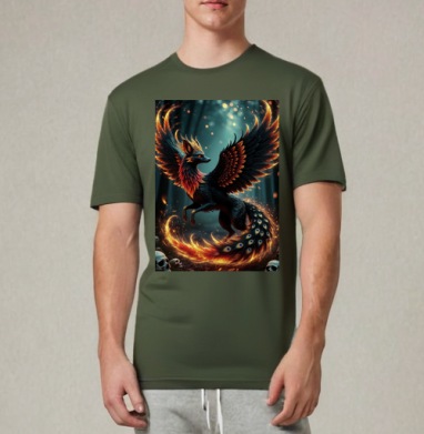 Fire Fox Phoenix Hybrid – Огненная лиса феникс в лесу мистический дух природы, Футболка мужская REGULAR темный хаки