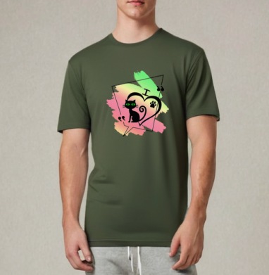 Черный кот с зелеными глазами в любви к лапе на пастельном фоне, Футболка мужская REGULAR темный хаки