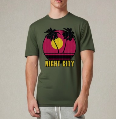 Закат вечер пальмы город Night City, Футболка мужская REGULAR темный хаки