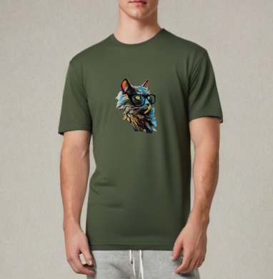 Кошка в очках с кубистическим узором, Футболка мужская REGULAR темный хаки